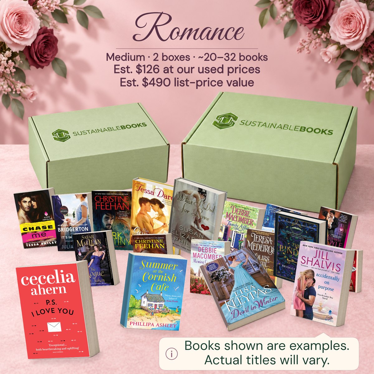 Romance — Medium mystery box. Example books; titles and count vary.