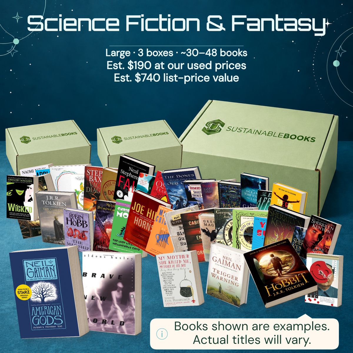 Science Fiction & Fantasy — Large mystery box. Example books; titles and count vary.