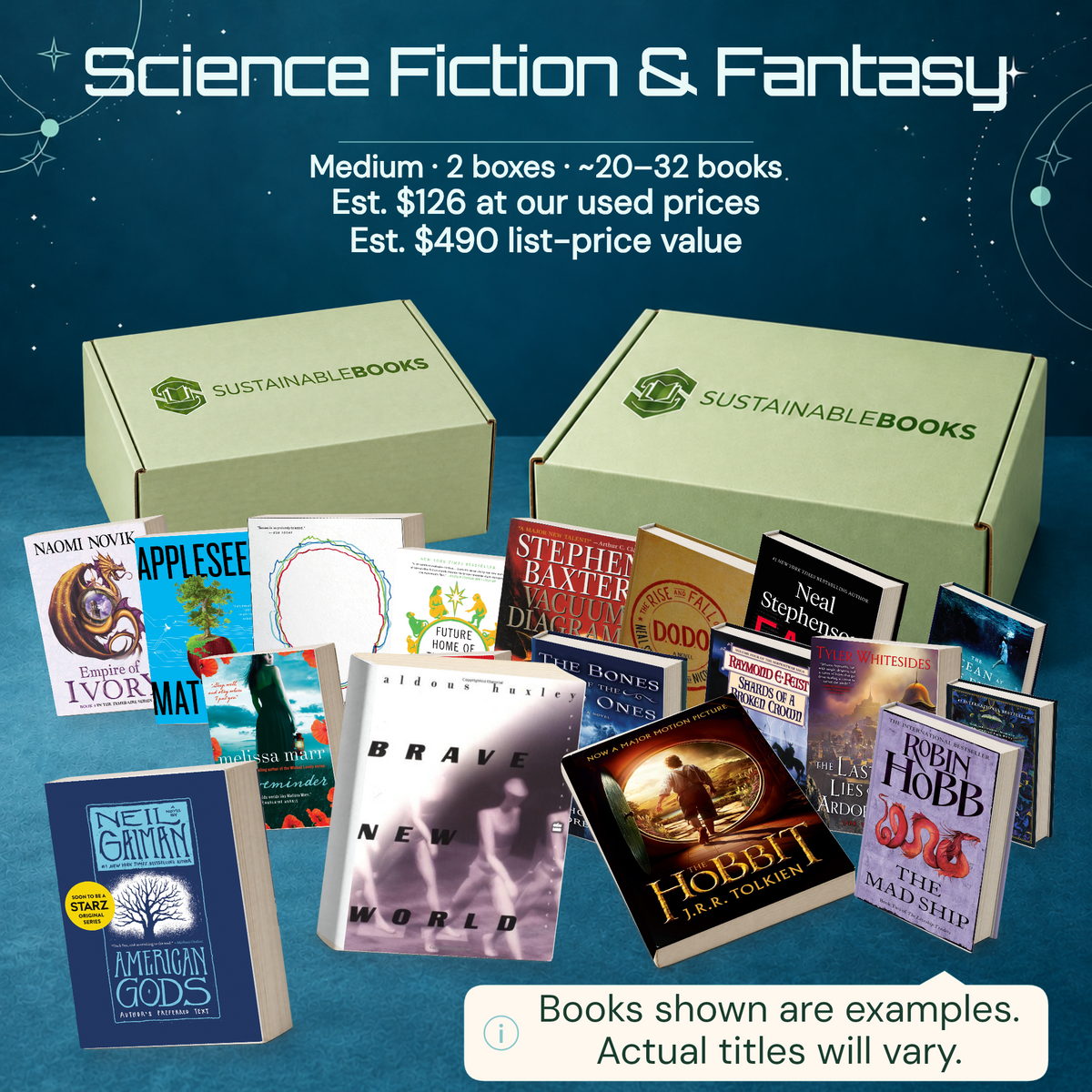 Science Fiction & Fantasy — Medium mystery box. Example books; titles and count vary.