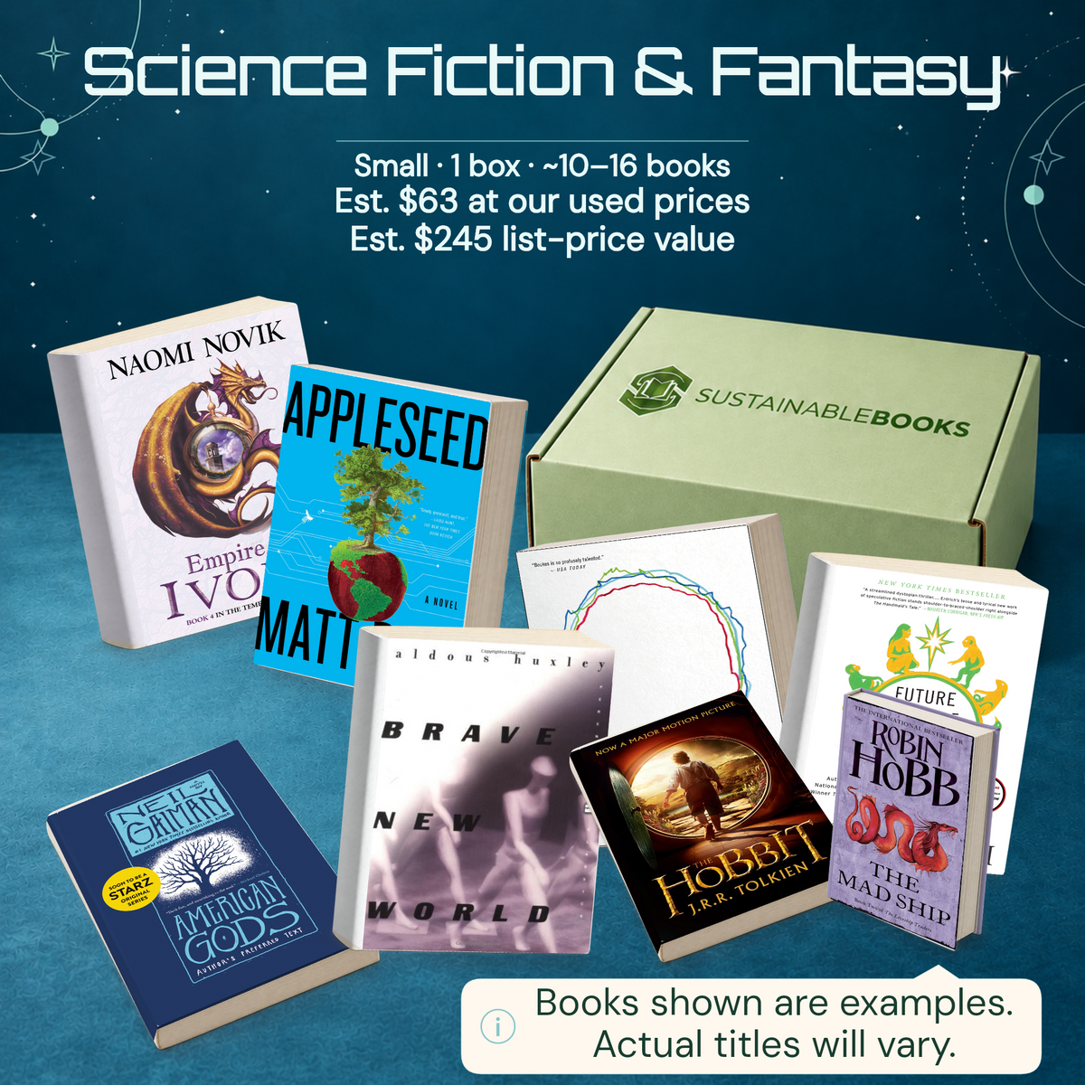 Science Fiction & Fantasy — Small mystery box. Example books; titles and count vary.