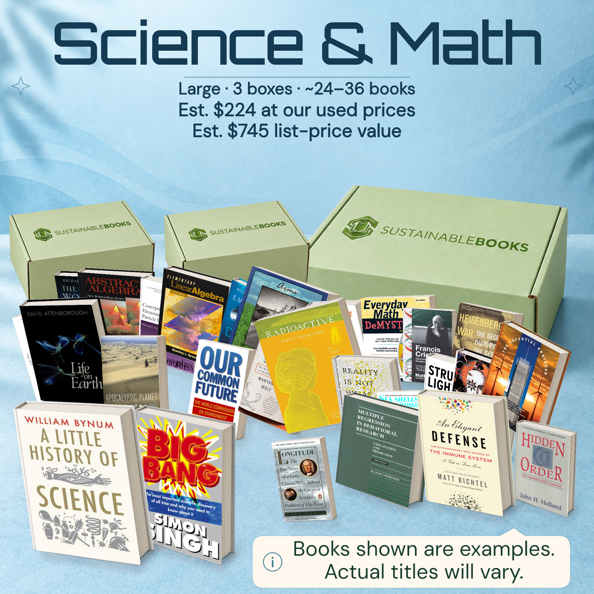 Science & Math — Large mystery box. Example books; titles and count vary.