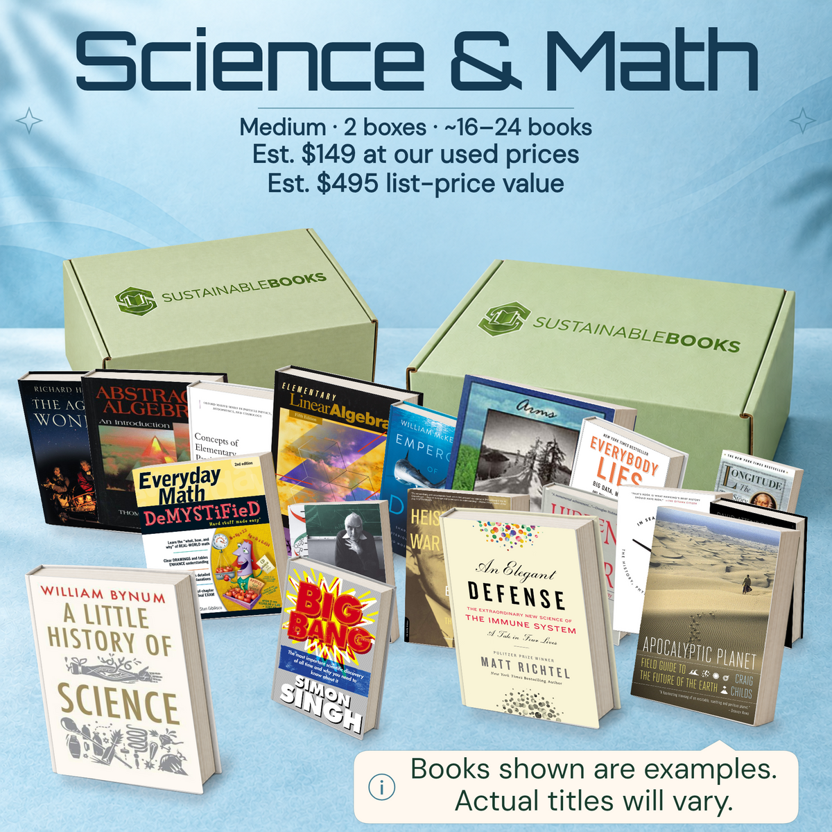 Science & Math — Medium mystery box. Example books; titles and count vary.