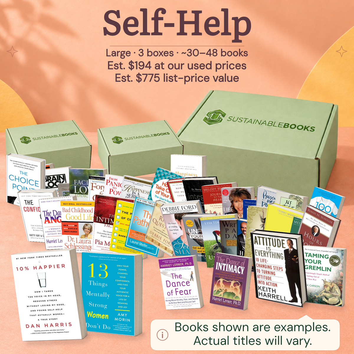 Self-Help — Large mystery box. Example books; titles and count vary.