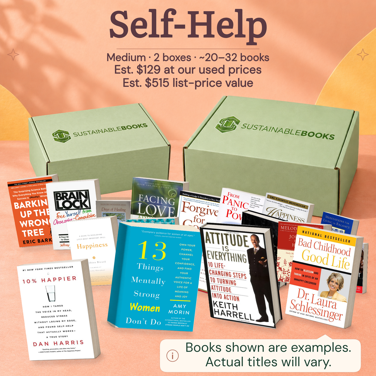 Self-Help — Medium mystery box. Example books; titles and count vary.