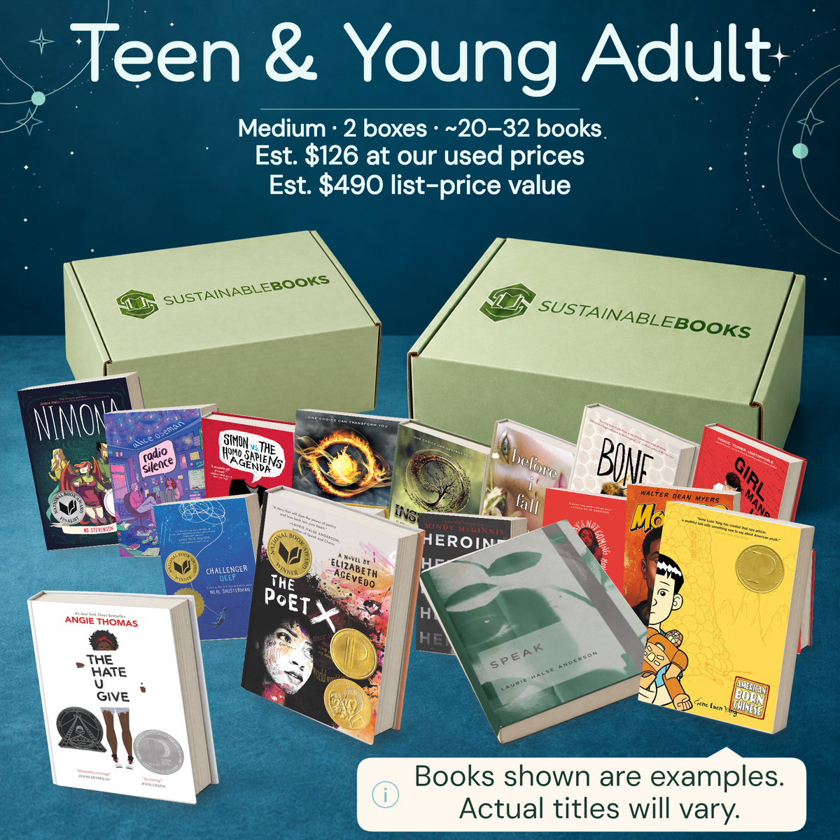 Teen & Young Adult — Medium mystery box. Example books; titles and count vary.