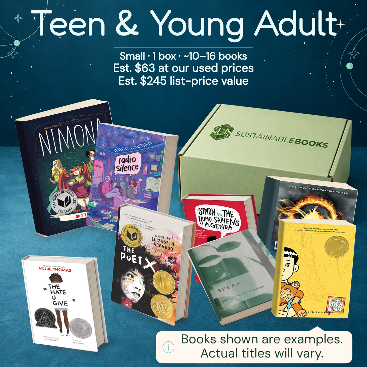 Teen & Young Adult — Small mystery box. Example books; titles and count vary.